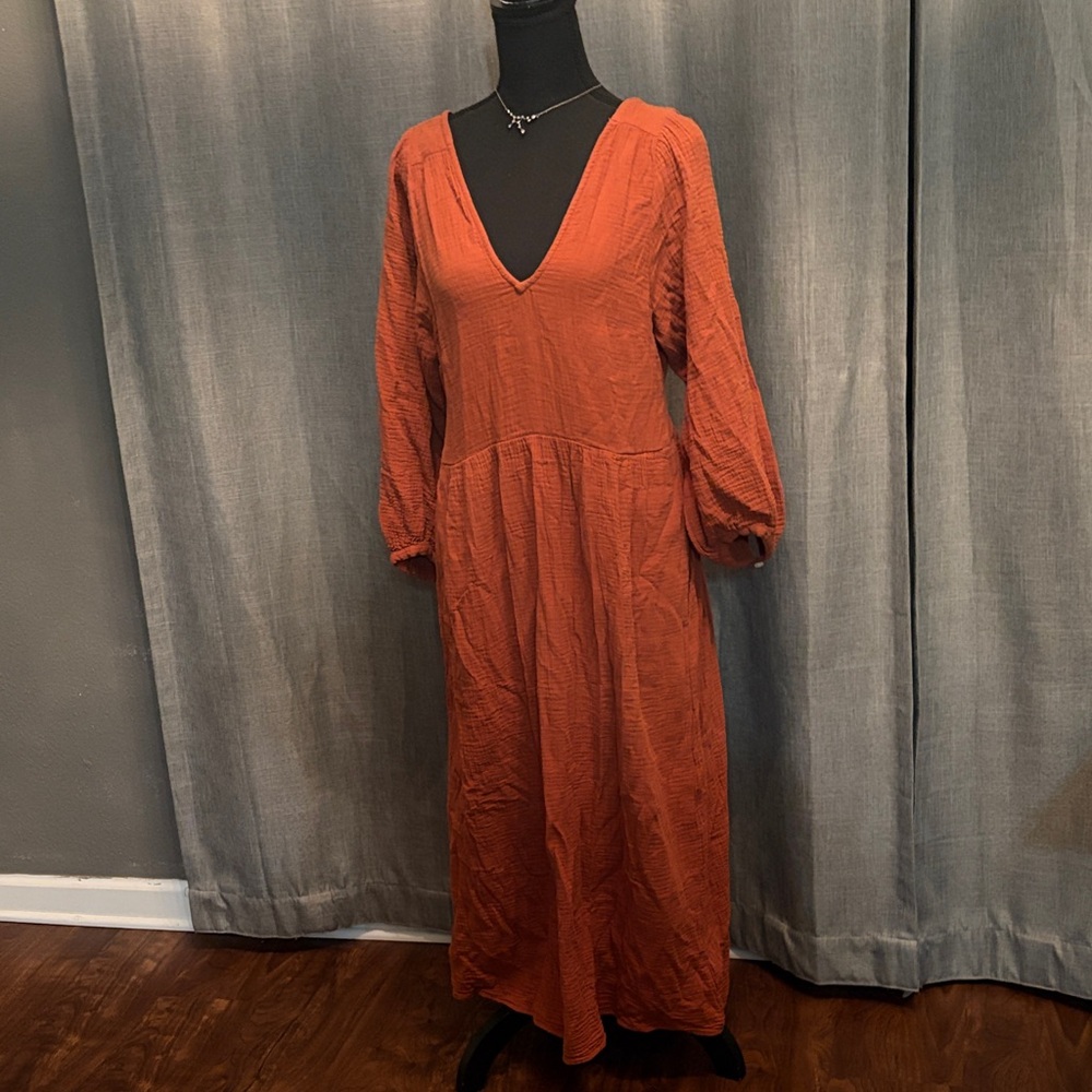 Madewell Rust V-Neck Long Sleeve Maxi Dress - Classic Women's Maxi